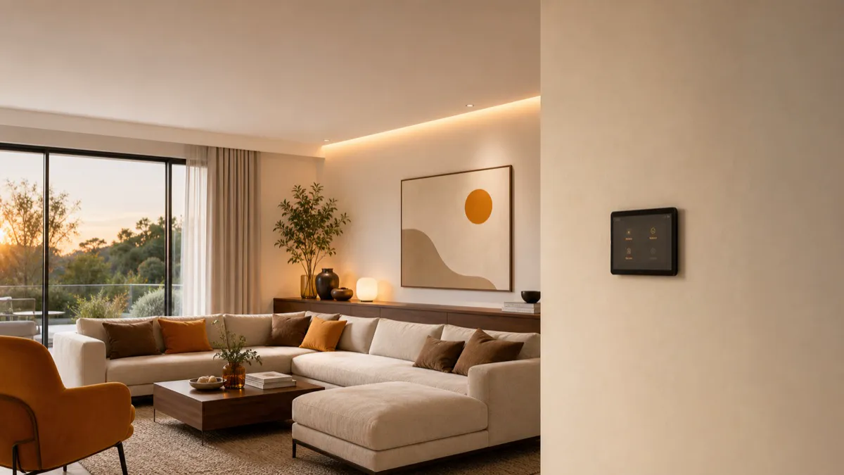 Sala com iluminação e controle de automação residencial