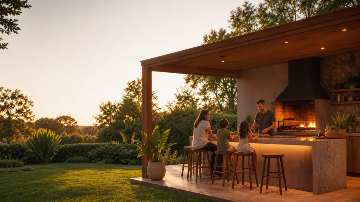 Área gourmet externa com churrasqueira e jardim