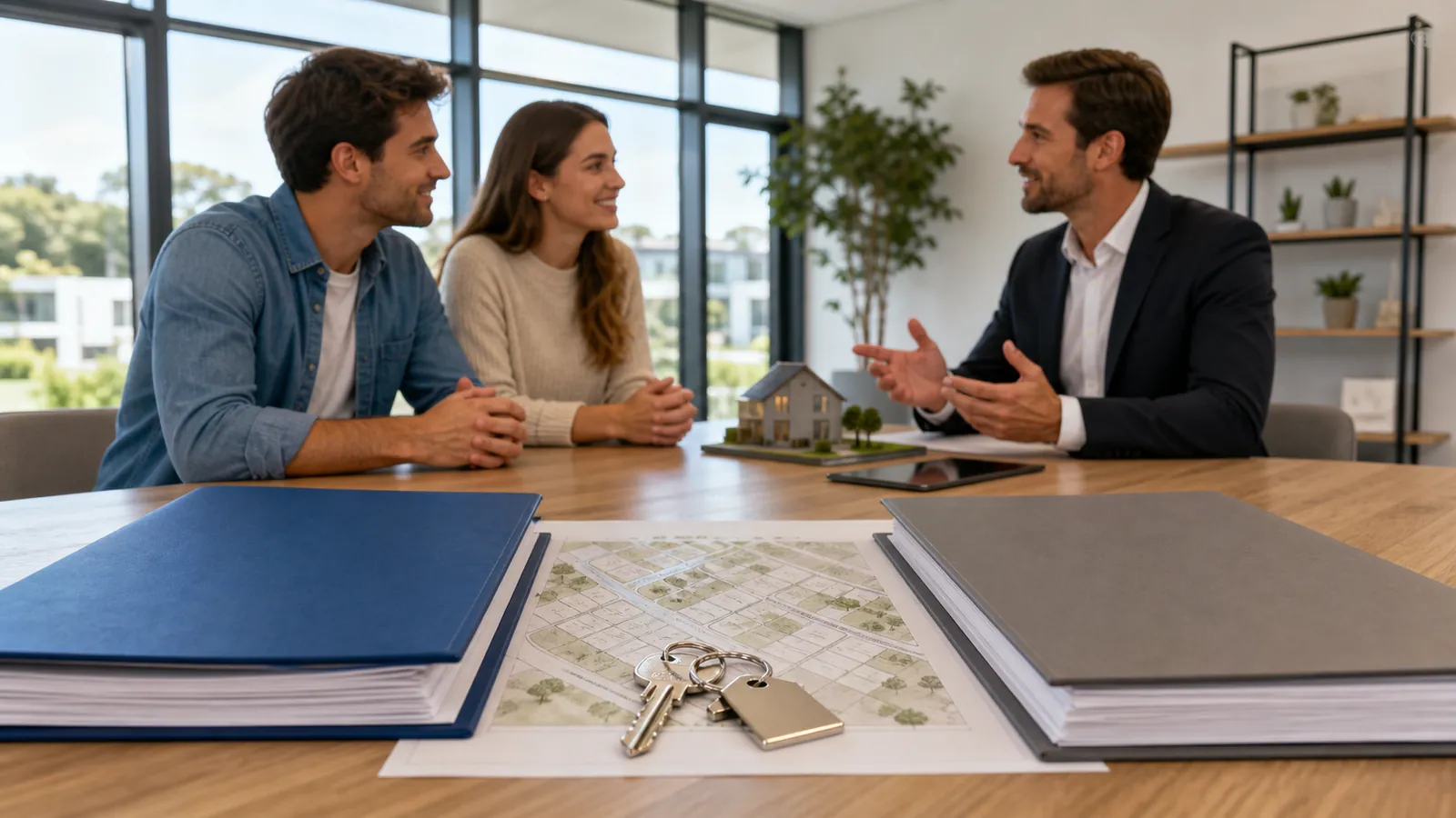 Casal analisa contrato e planilha de financiamento de terreno com consultor