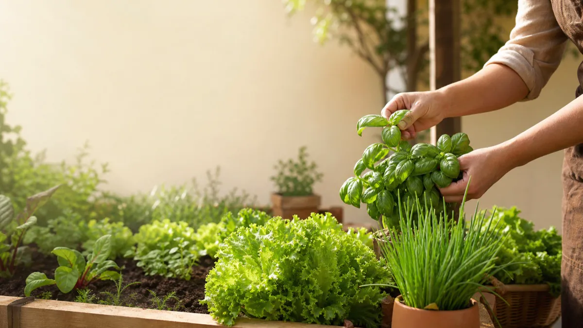 Horta caseira no quintal com temperos e folhas
