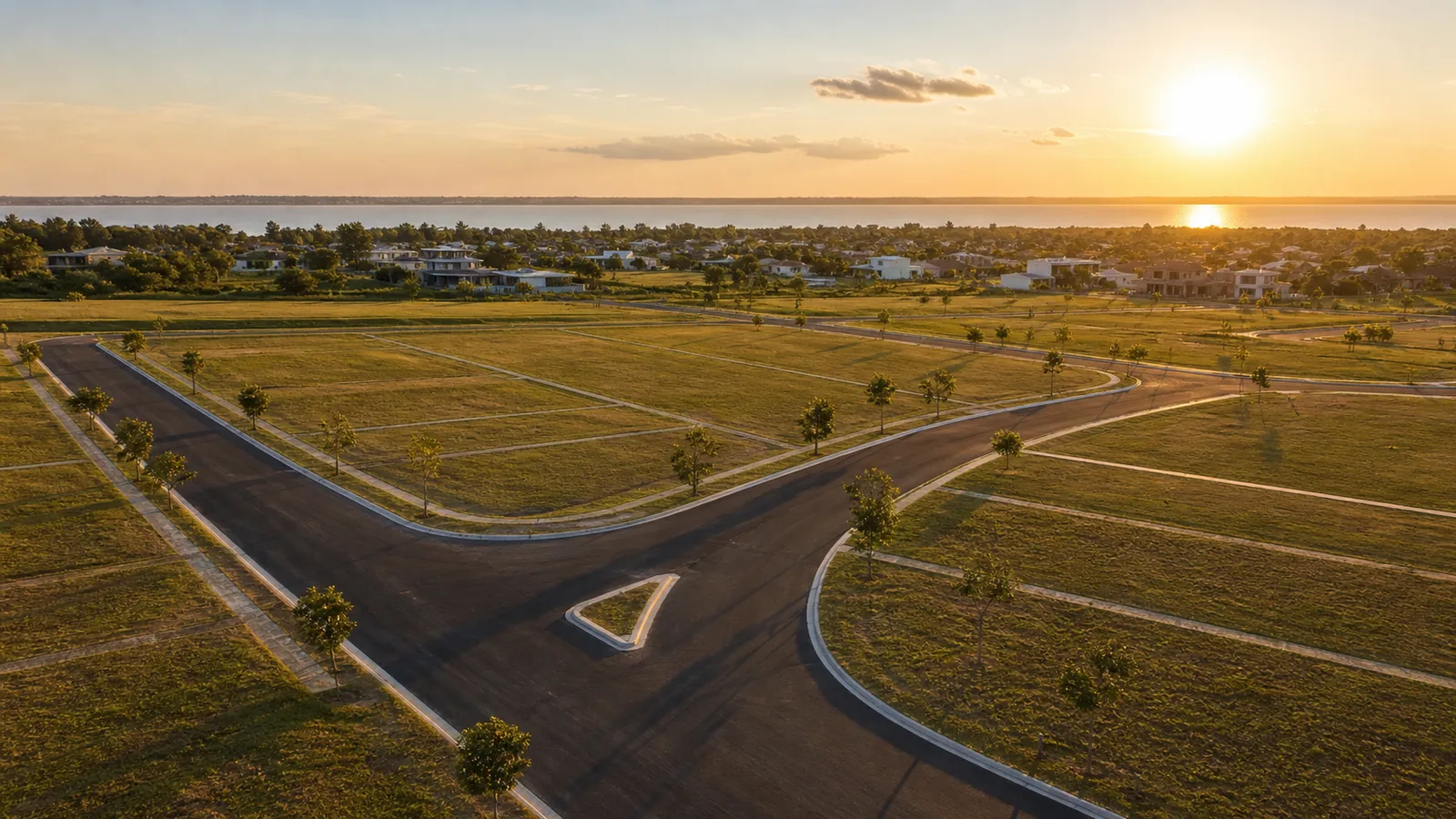 Vista aérea de lotes urbanizados com ruas pavimentadas e áreas verdes em Guaíba