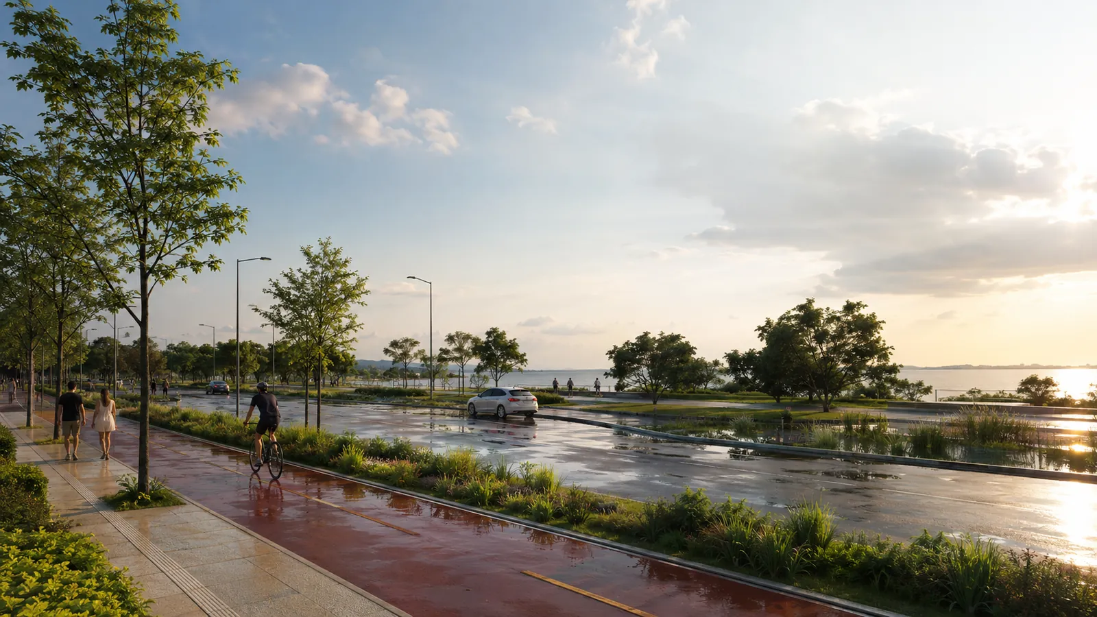 Obras de drenagem urbana com canal e vias pavimentadas em Guaíba sob céu claro