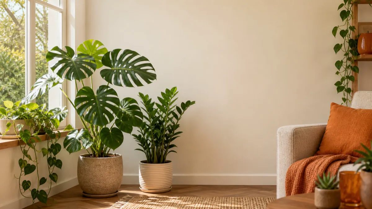 Ambiente interno decorado com plantas junto à janela