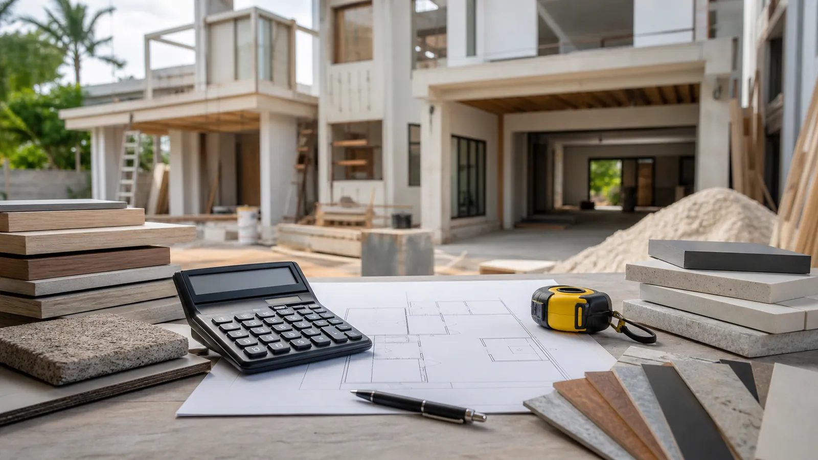 Casa em construção com estrutura de alvenaria e telhado em obra residencial