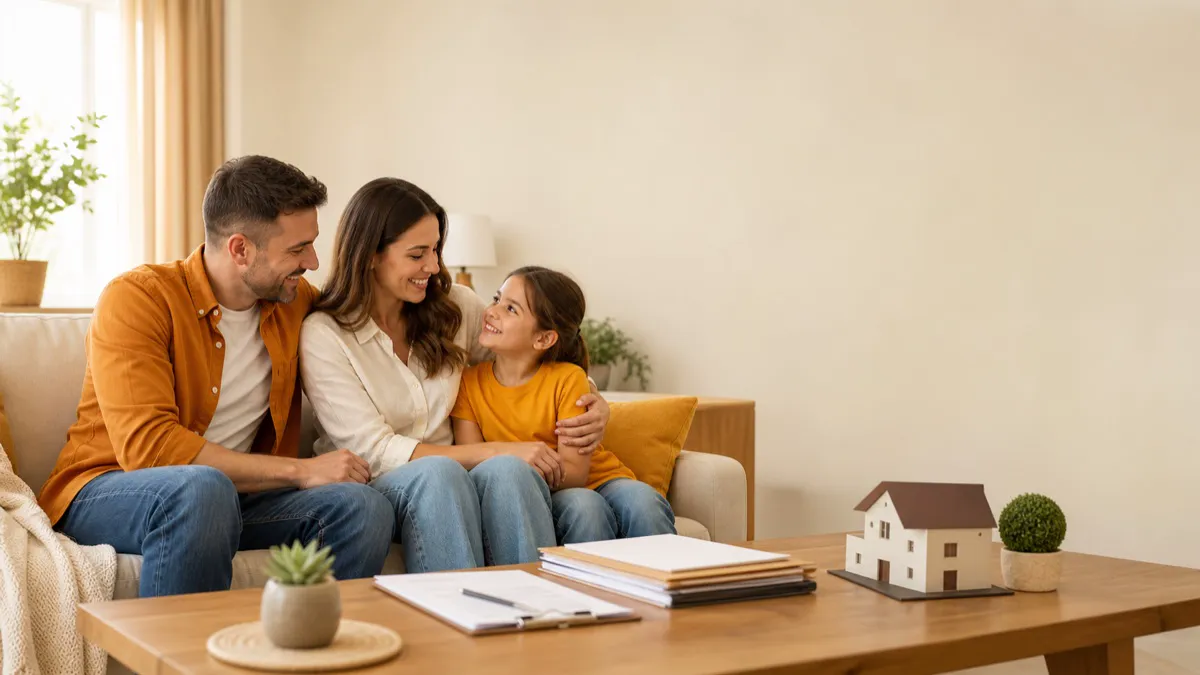 Família protegida em casa e documentos do financiamento